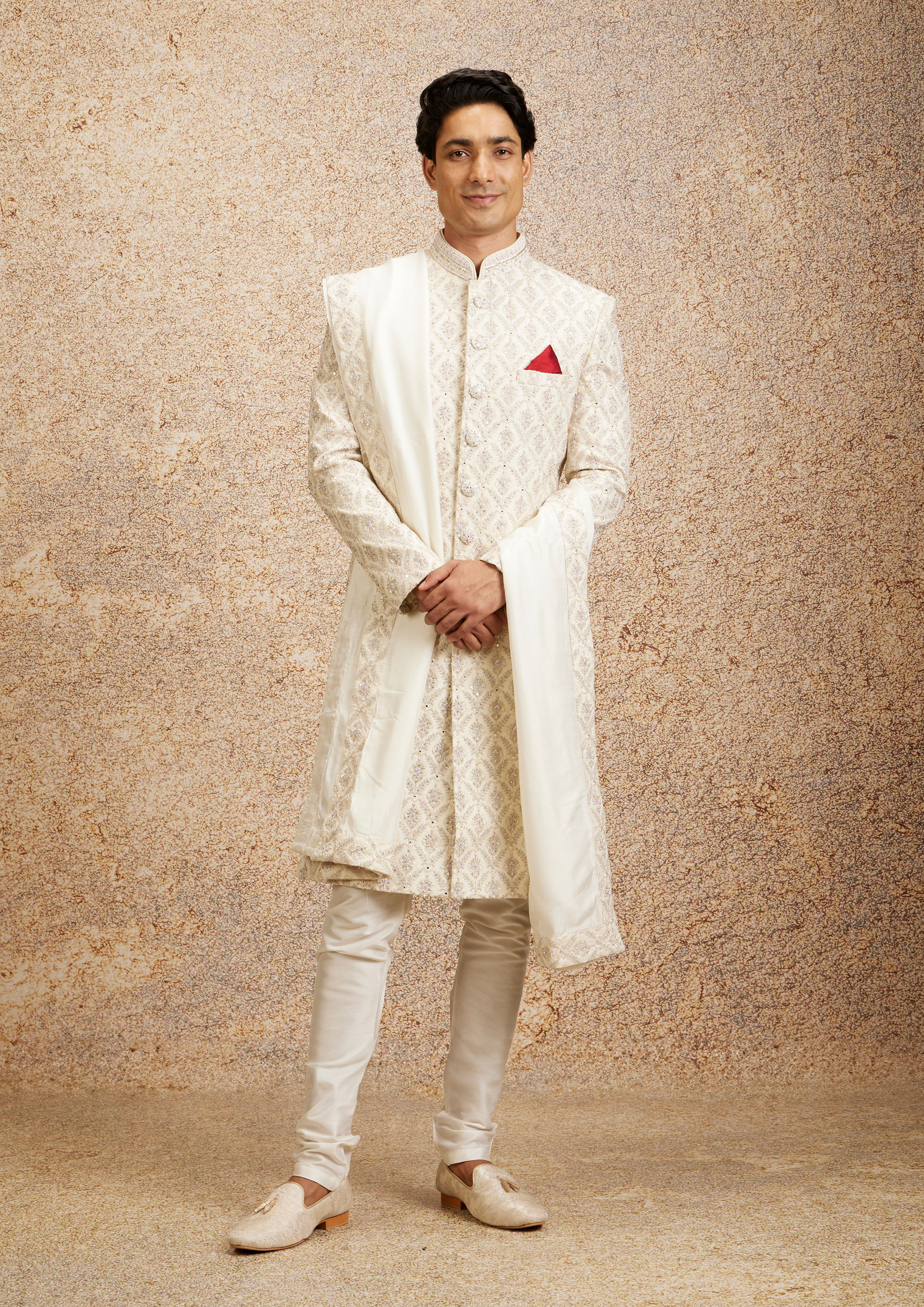 Twamev Men Regal Cream Embellished Sherwani