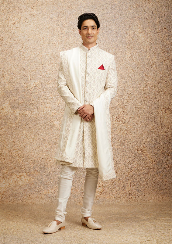 Twamev Men Regal Cream Embellished Sherwani