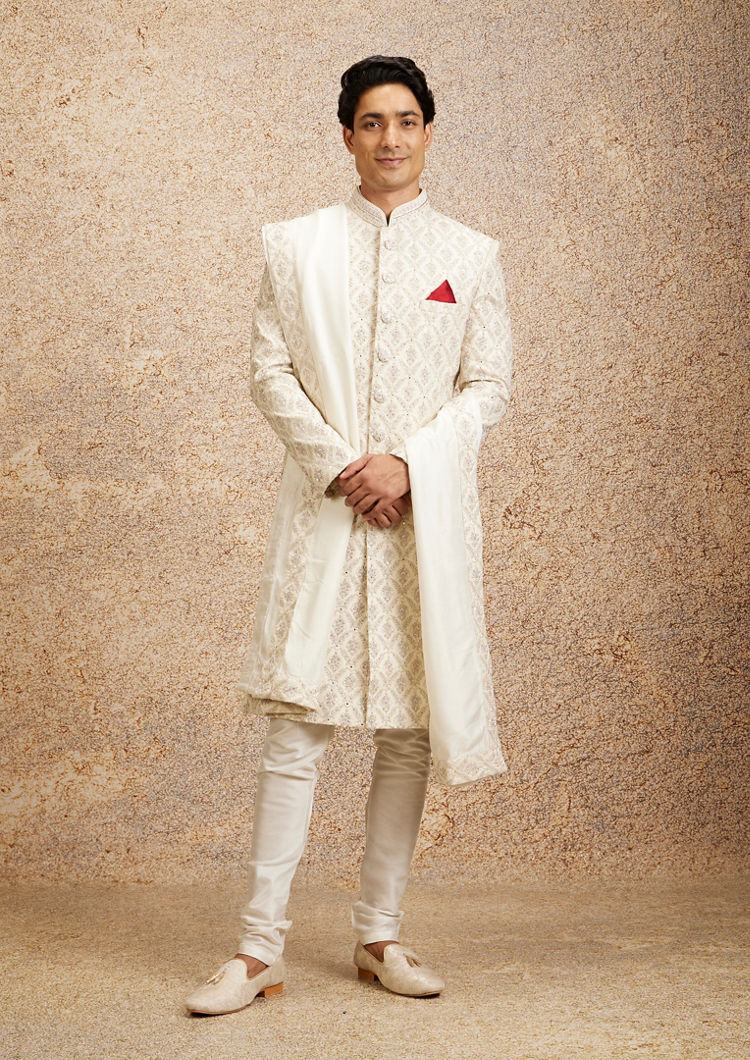 Twamev Men Regal Cream Embellished Sherwani