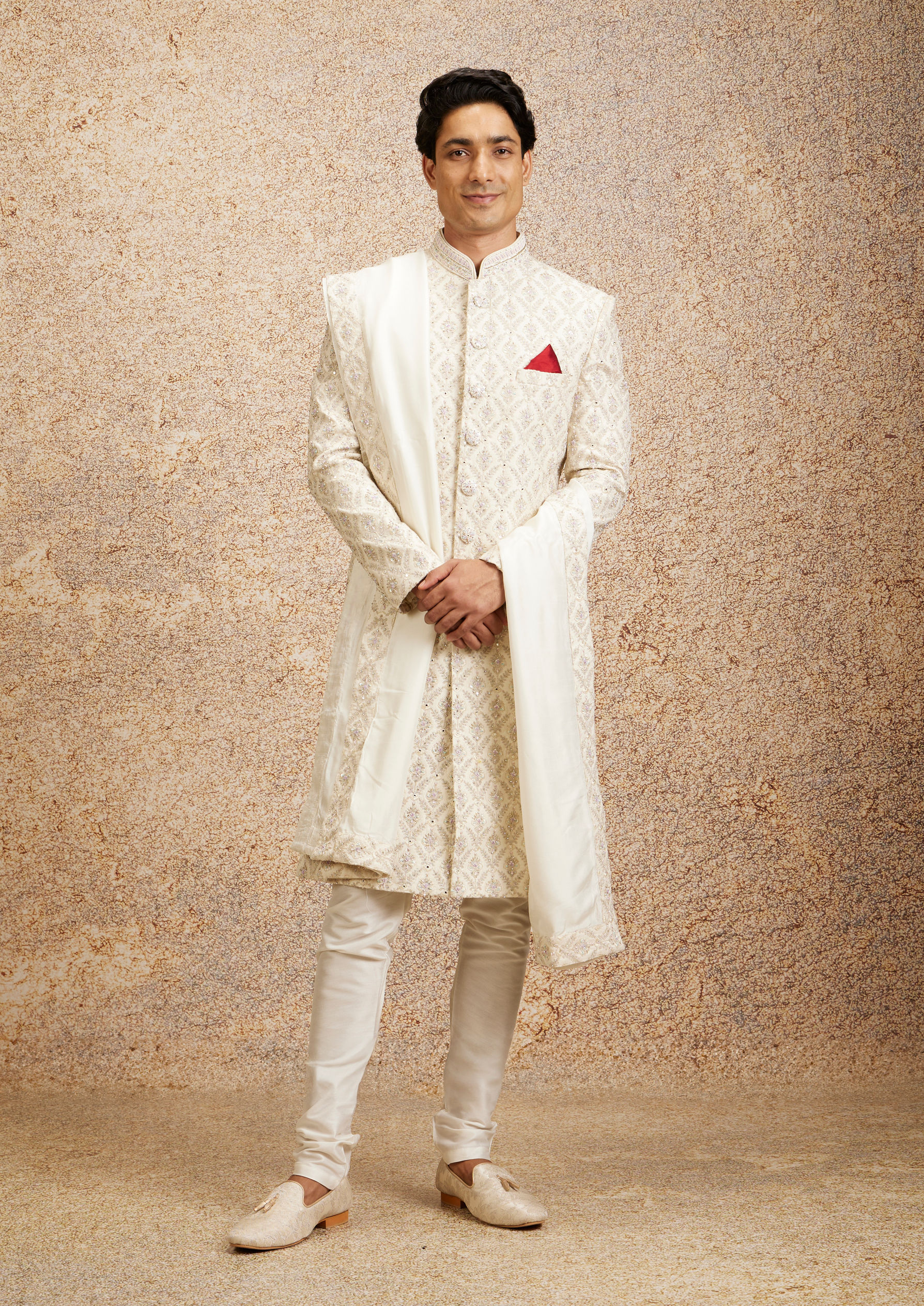Twamev Men Regal Cream Embellished Sherwani