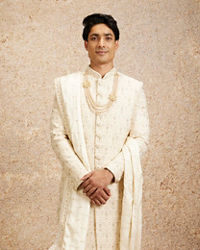 Twamev Men Cream Imperial Jaal Patterned Sherwani Set