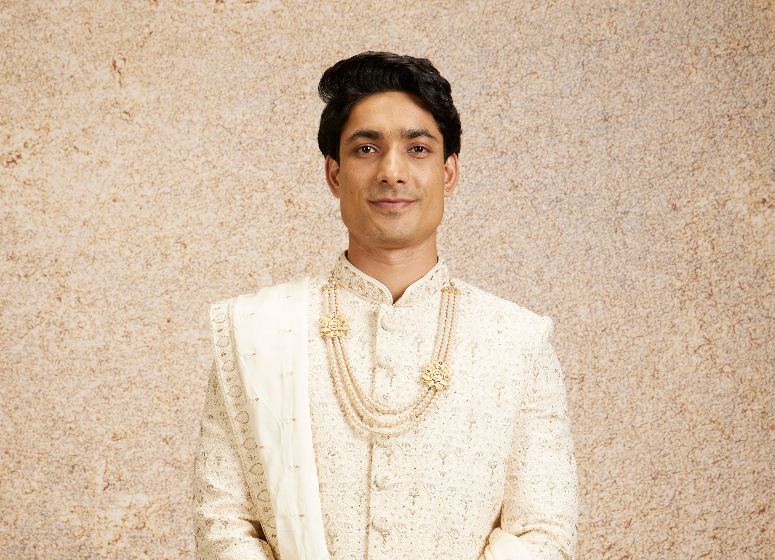Twamev Men Cream Imperial Jaal Patterned Sherwani Set
