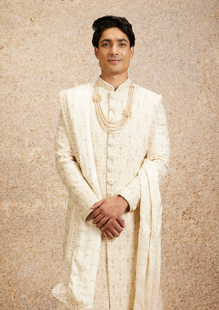 Twamev Men Cream Imperial Jaal Patterned Sherwani Set