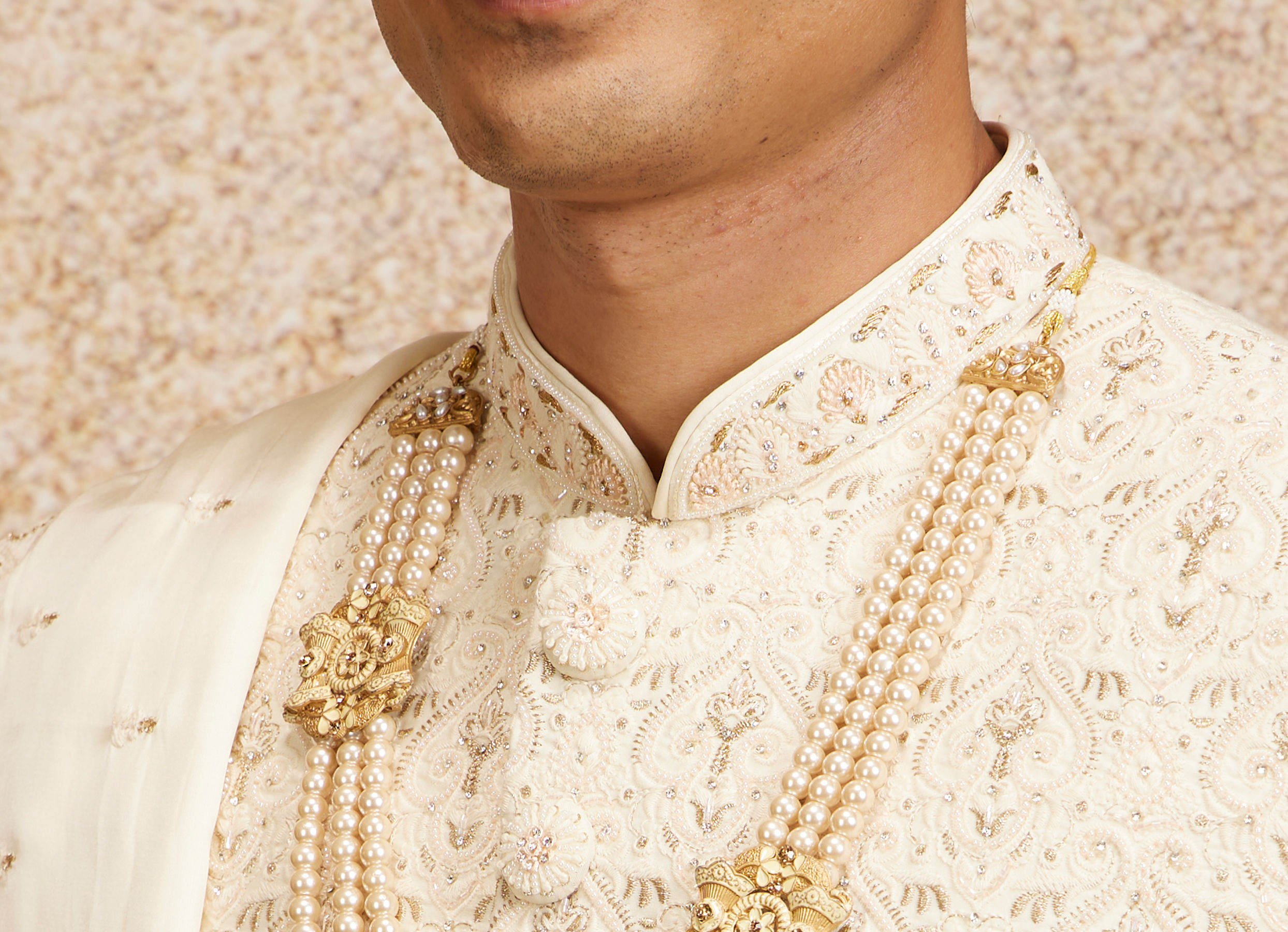 Twamev Men Cream Imperial Jaal Patterned Sherwani Set