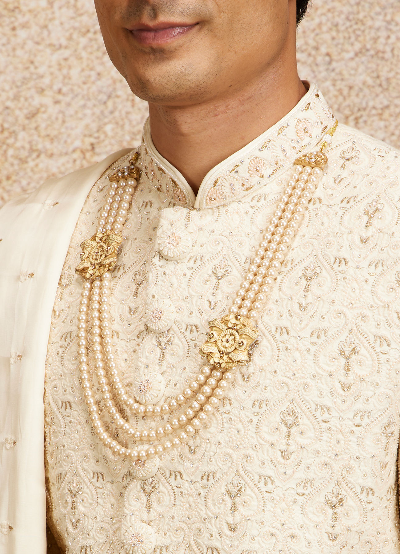 Twamev Men Cream Imperial Jaal Patterned Sherwani Set
