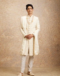 Twamev Men Cream Imperial Jaal Patterned Sherwani Set