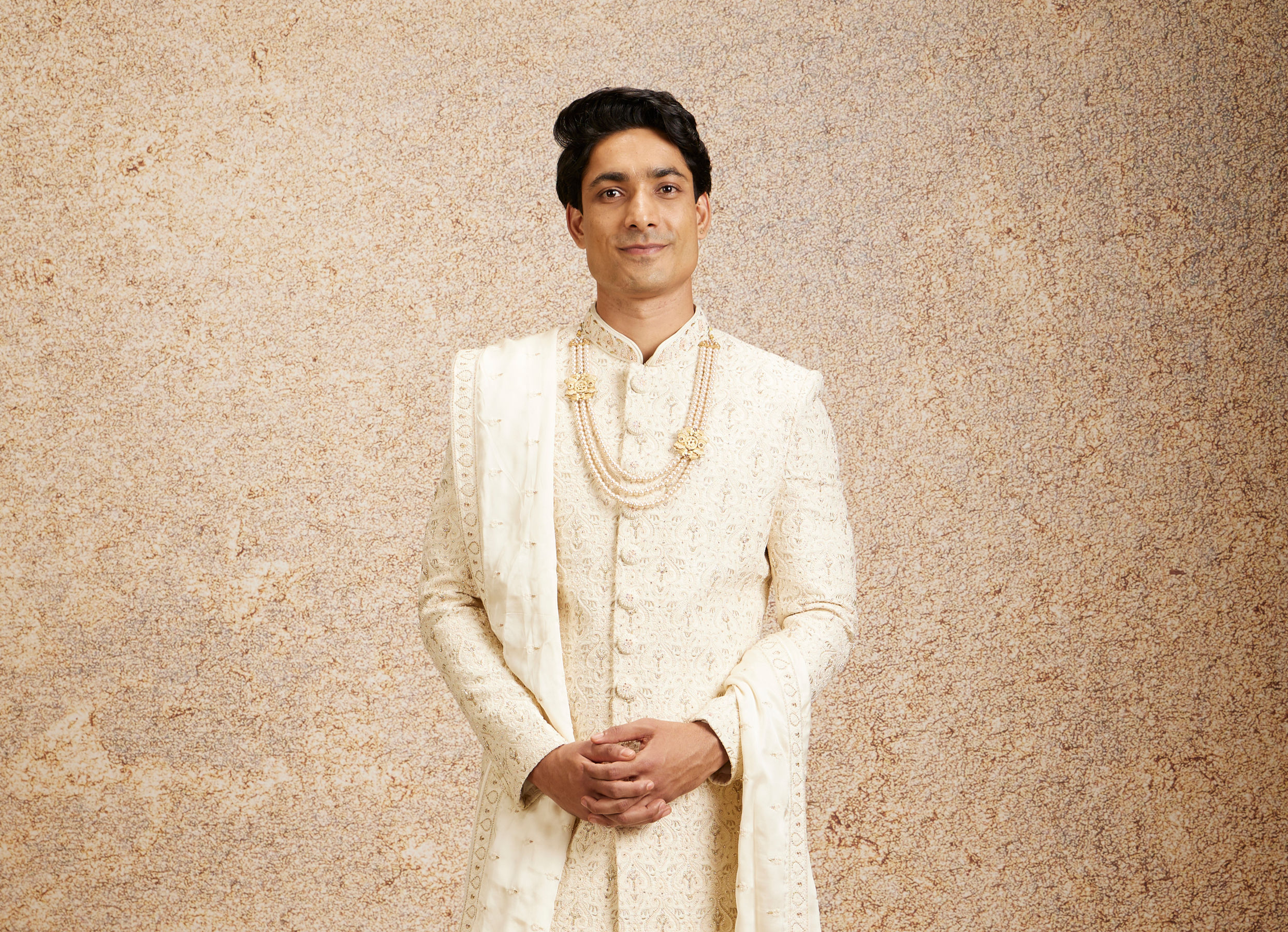 Twamev Men Cream Imperial Jaal Patterned Sherwani Set