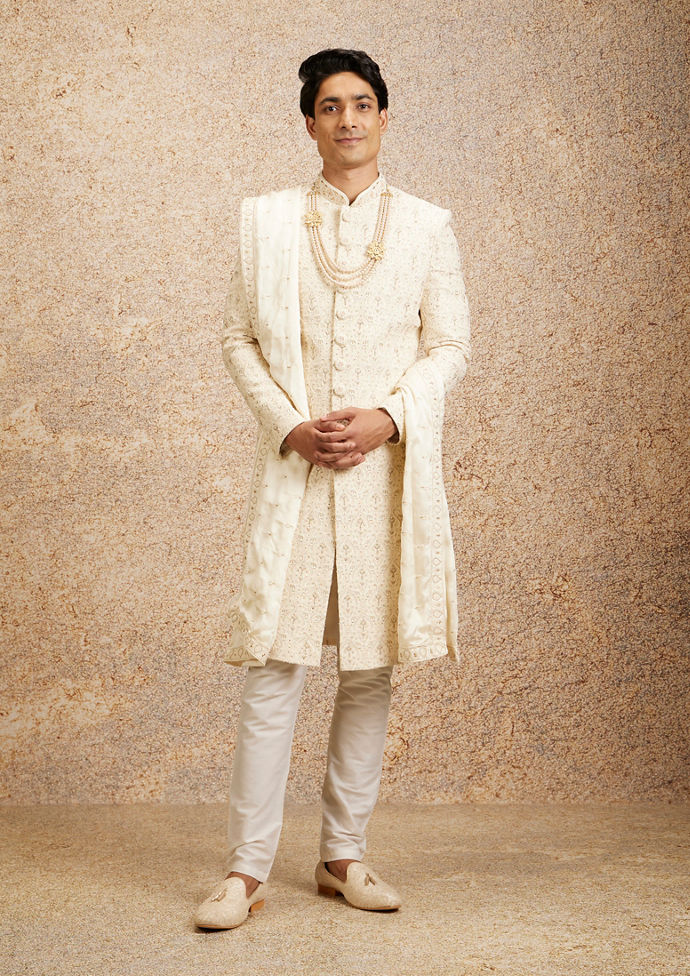 Twamev Men Cream Imperial Jaal Patterned Sherwani Set