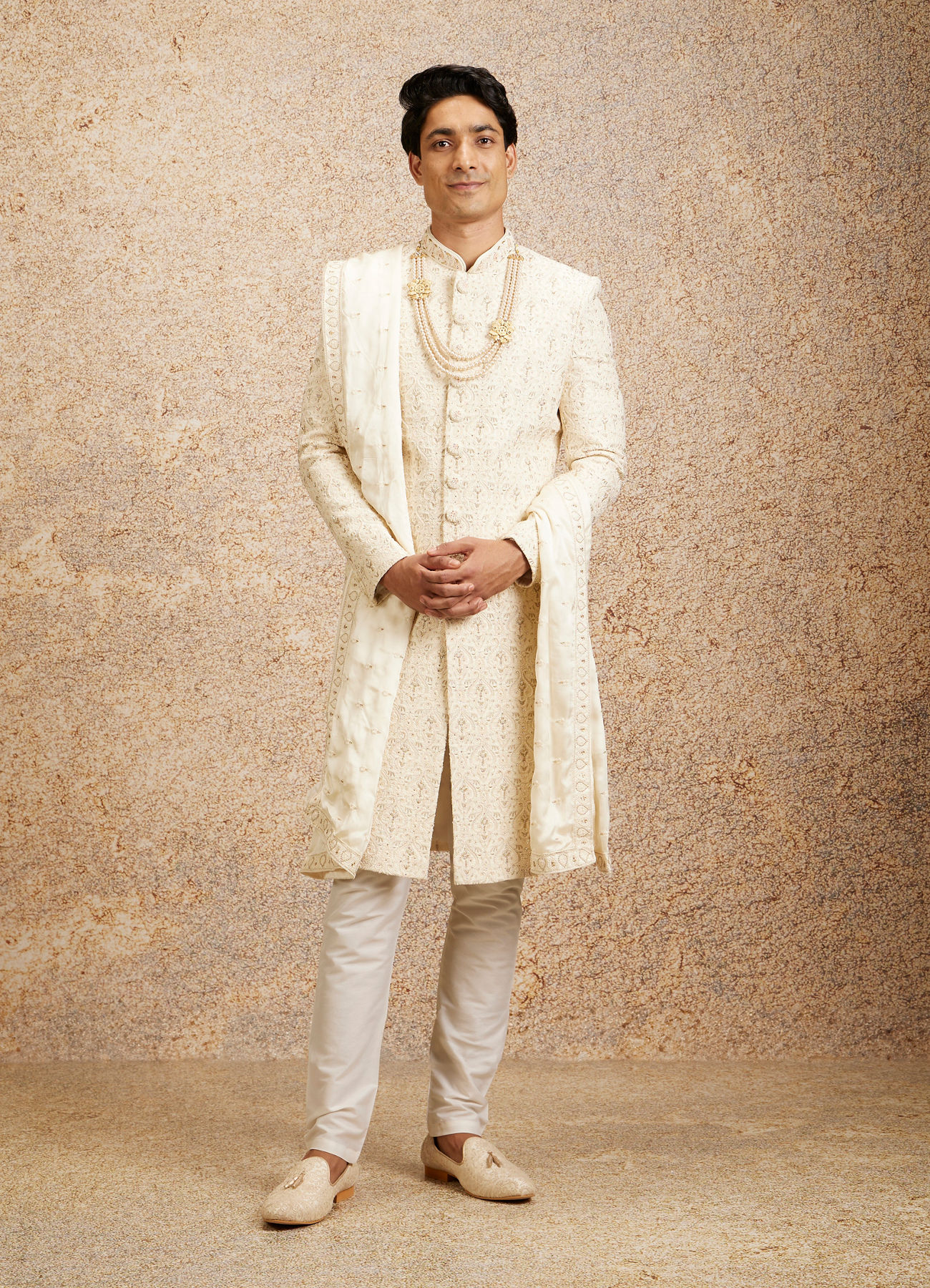 Twamev Men Cream Imperial Jaal Patterned Sherwani Set