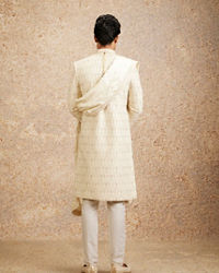 Twamev Men Cream Imperial Jaal Patterned Sherwani Set