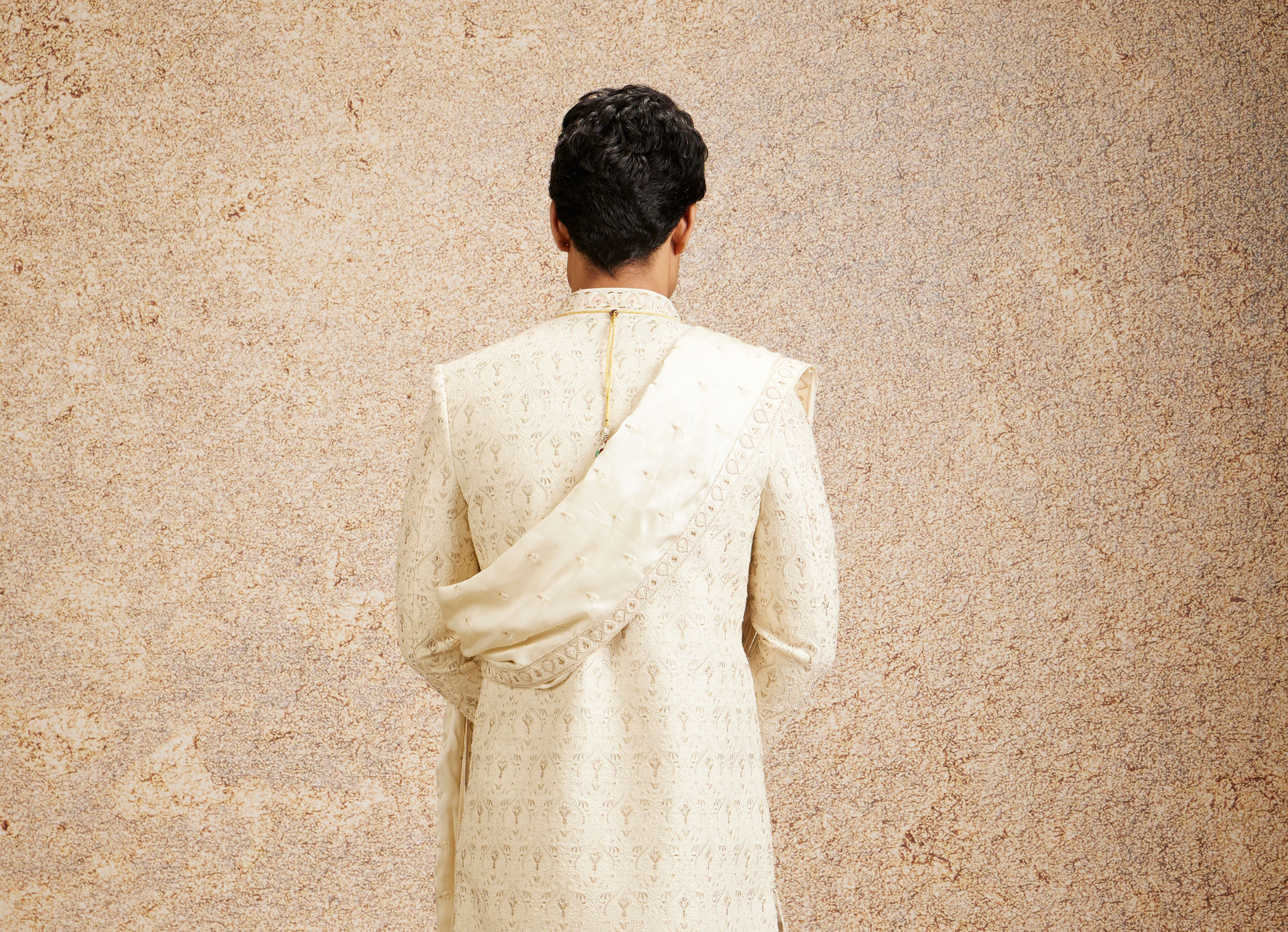 Twamev Men Cream Imperial Jaal Patterned Sherwani Set