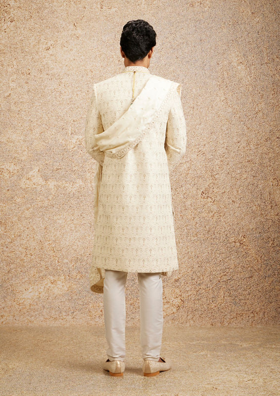 Twamev Men Cream Imperial Jaal Patterned Sherwani Set