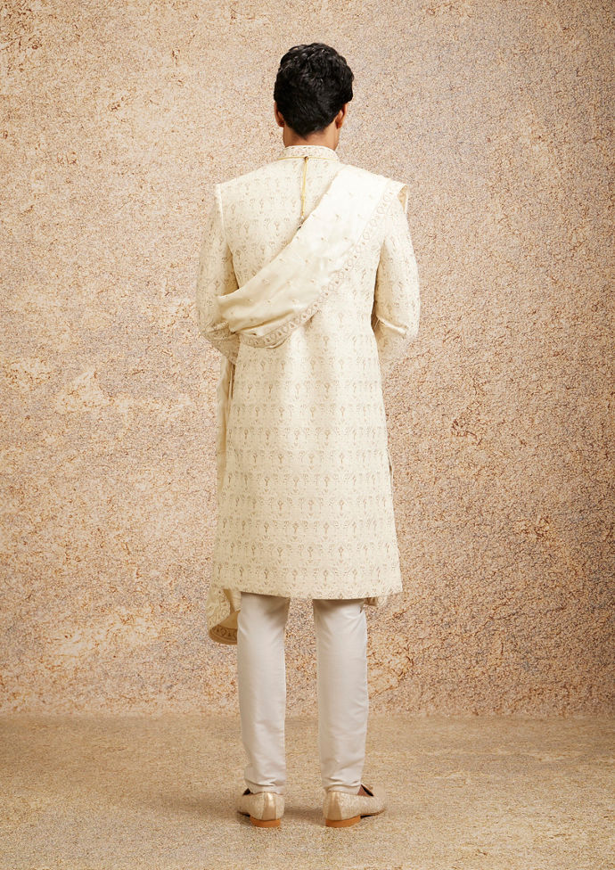 Twamev Men Cream Imperial Jaal Patterned Sherwani Set