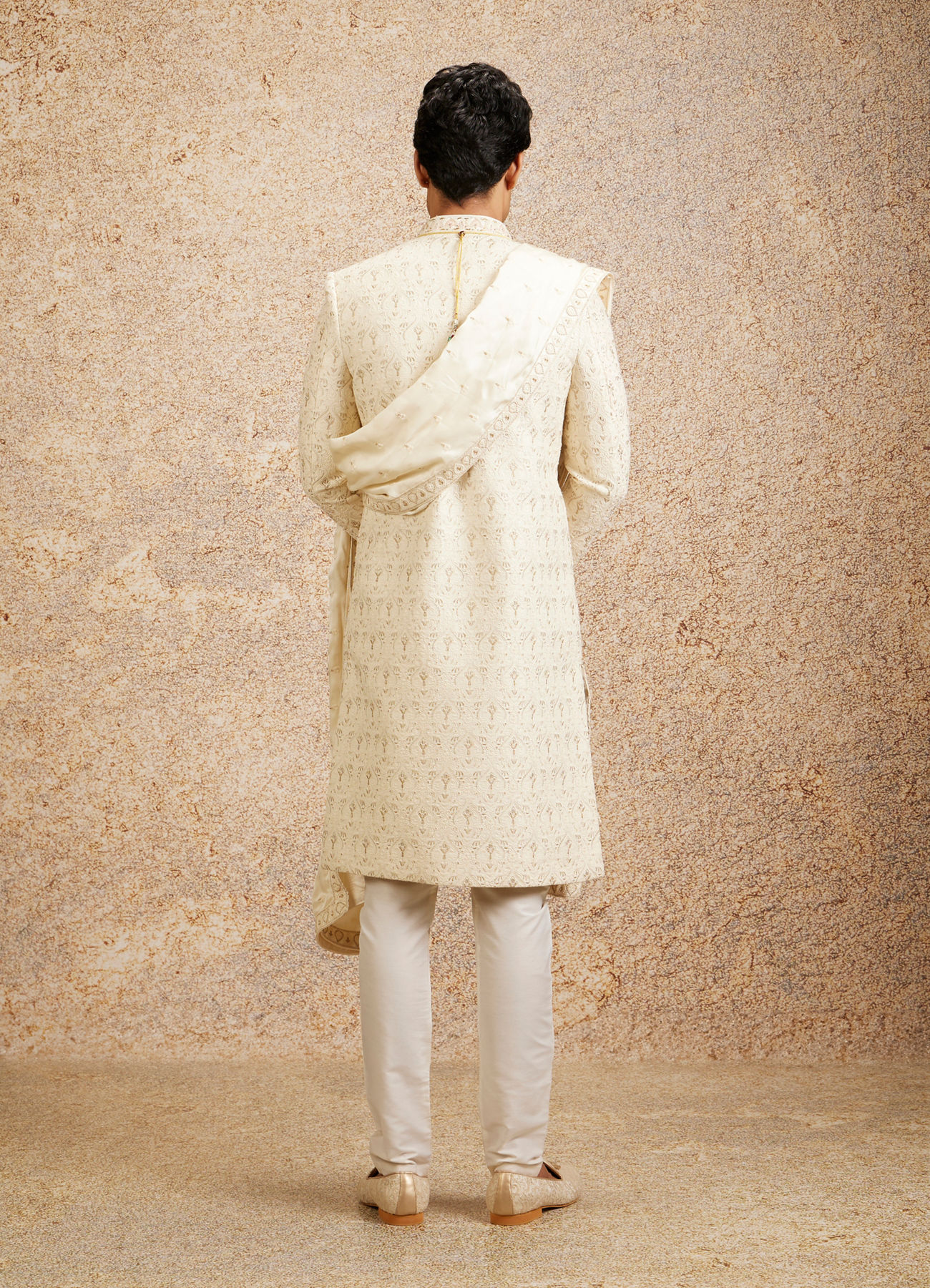 Twamev Men Cream Imperial Jaal Patterned Sherwani Set