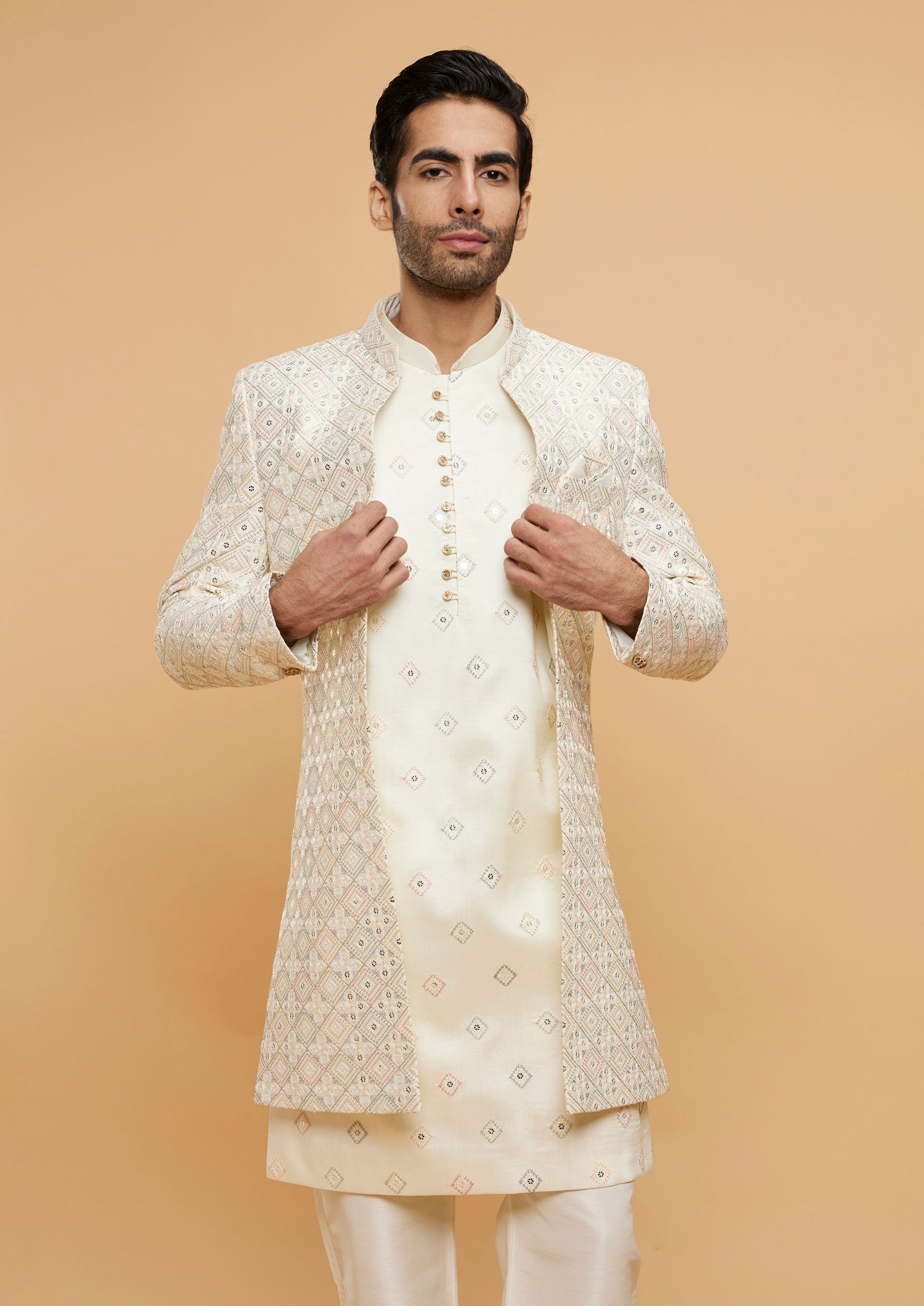 Twamev Men Classic Cream Silk Sherwani Ensemble