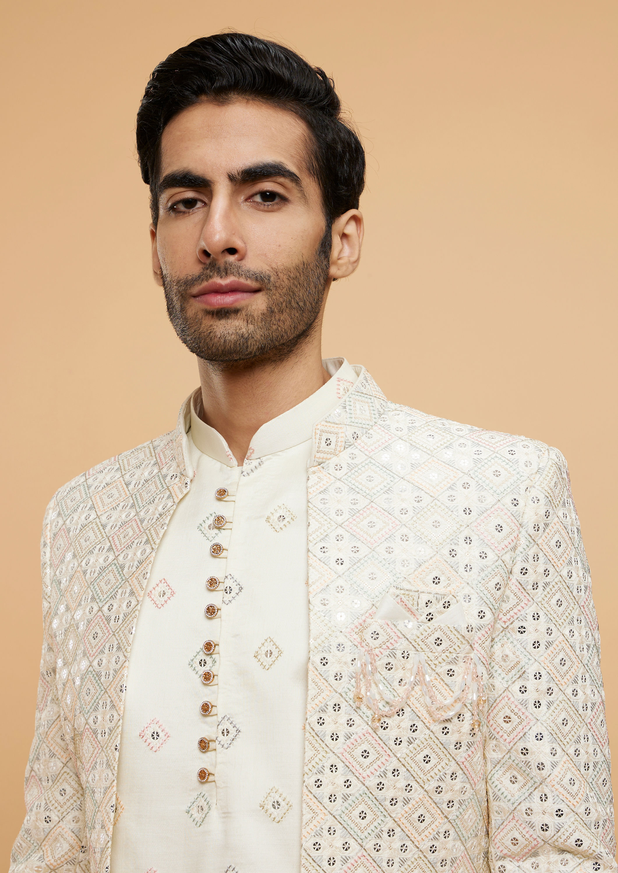 Twamev Men Classic Cream Silk Sherwani Ensemble