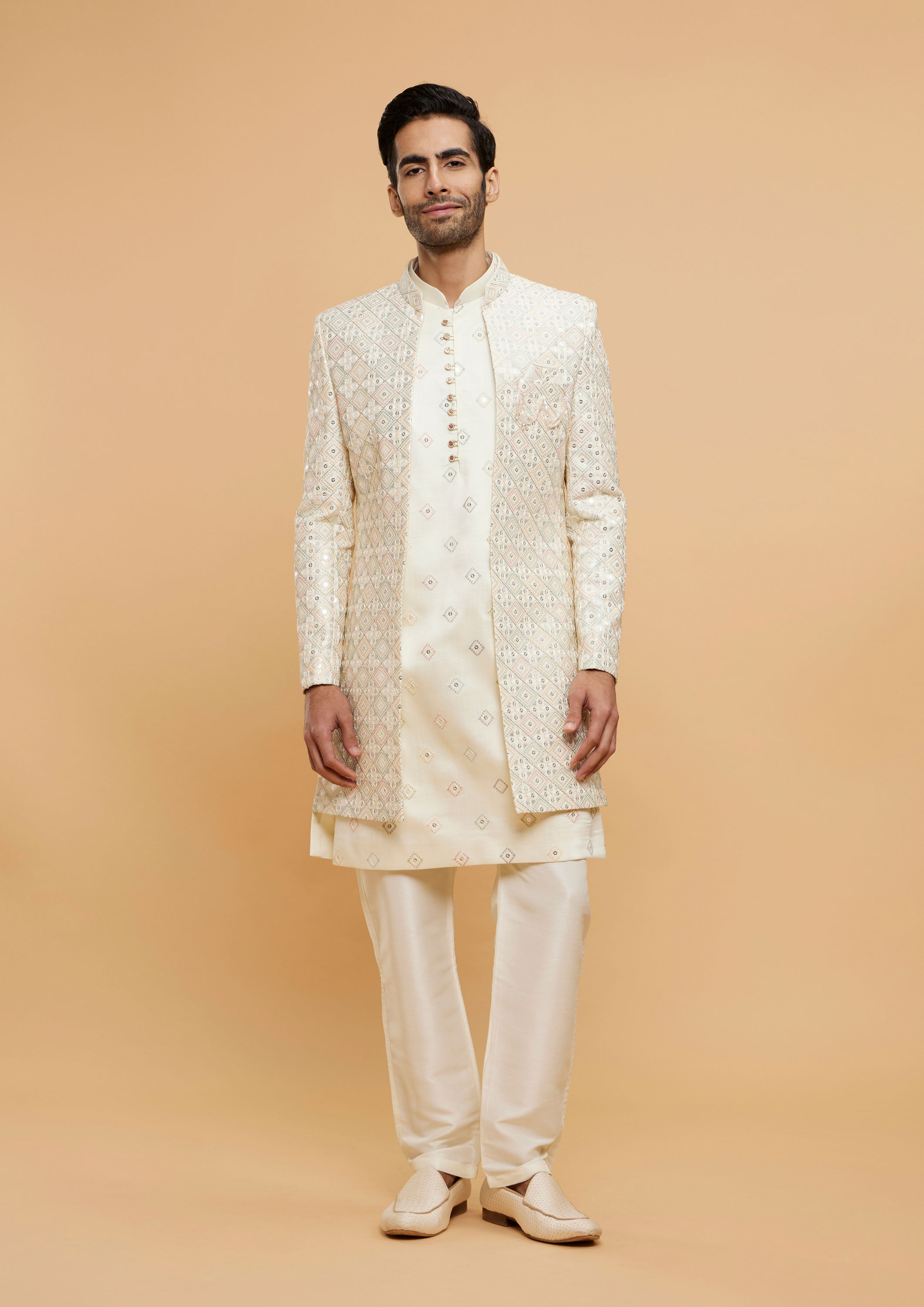 Twamev Men Classic Cream Silk Sherwani Ensemble