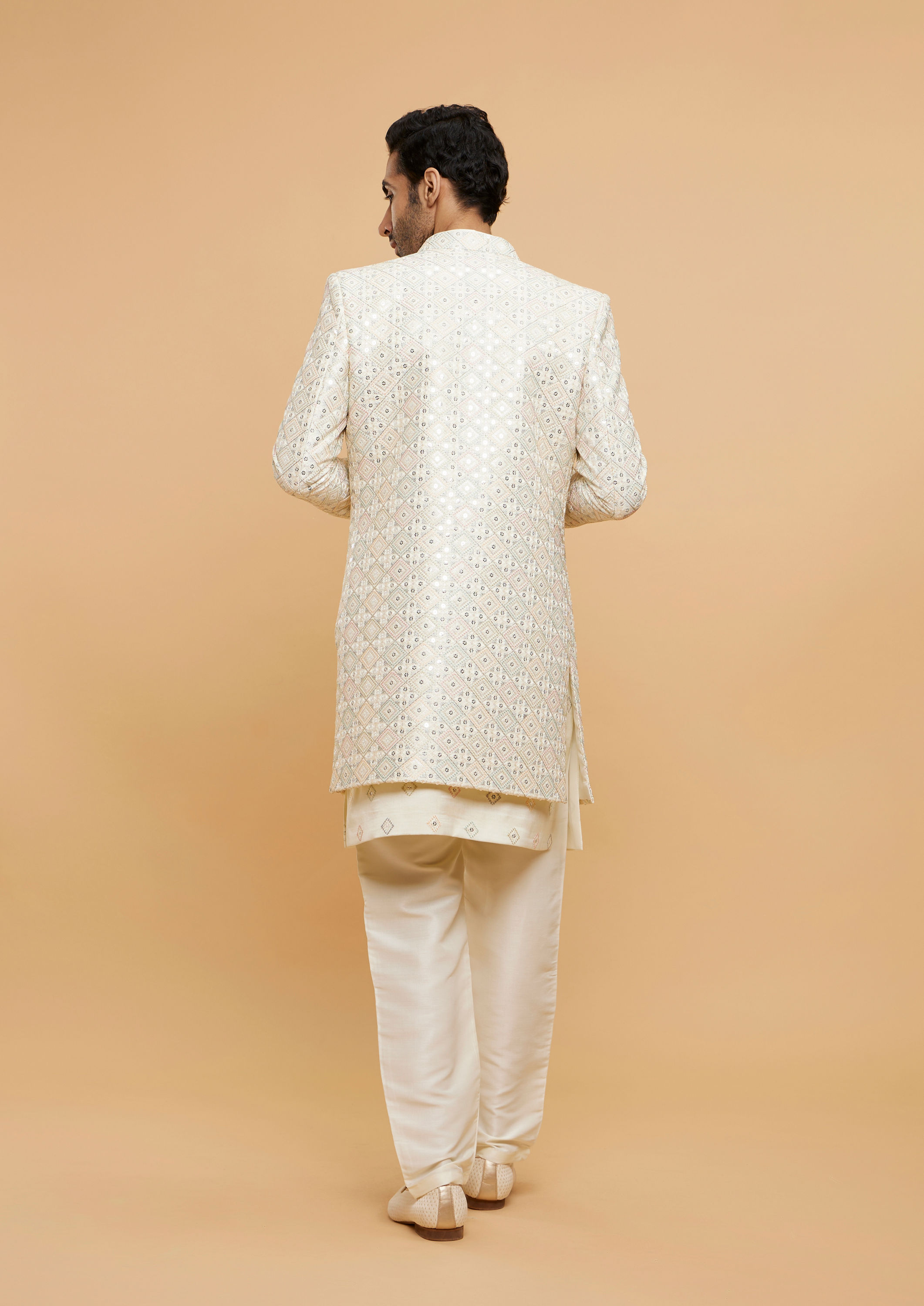 Twamev Men Classic Cream Silk Sherwani Ensemble