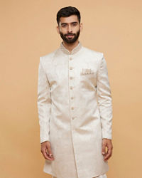 Twamev Men Cream Silk Jacquard Zari Embroidered Dhoti Sherwani