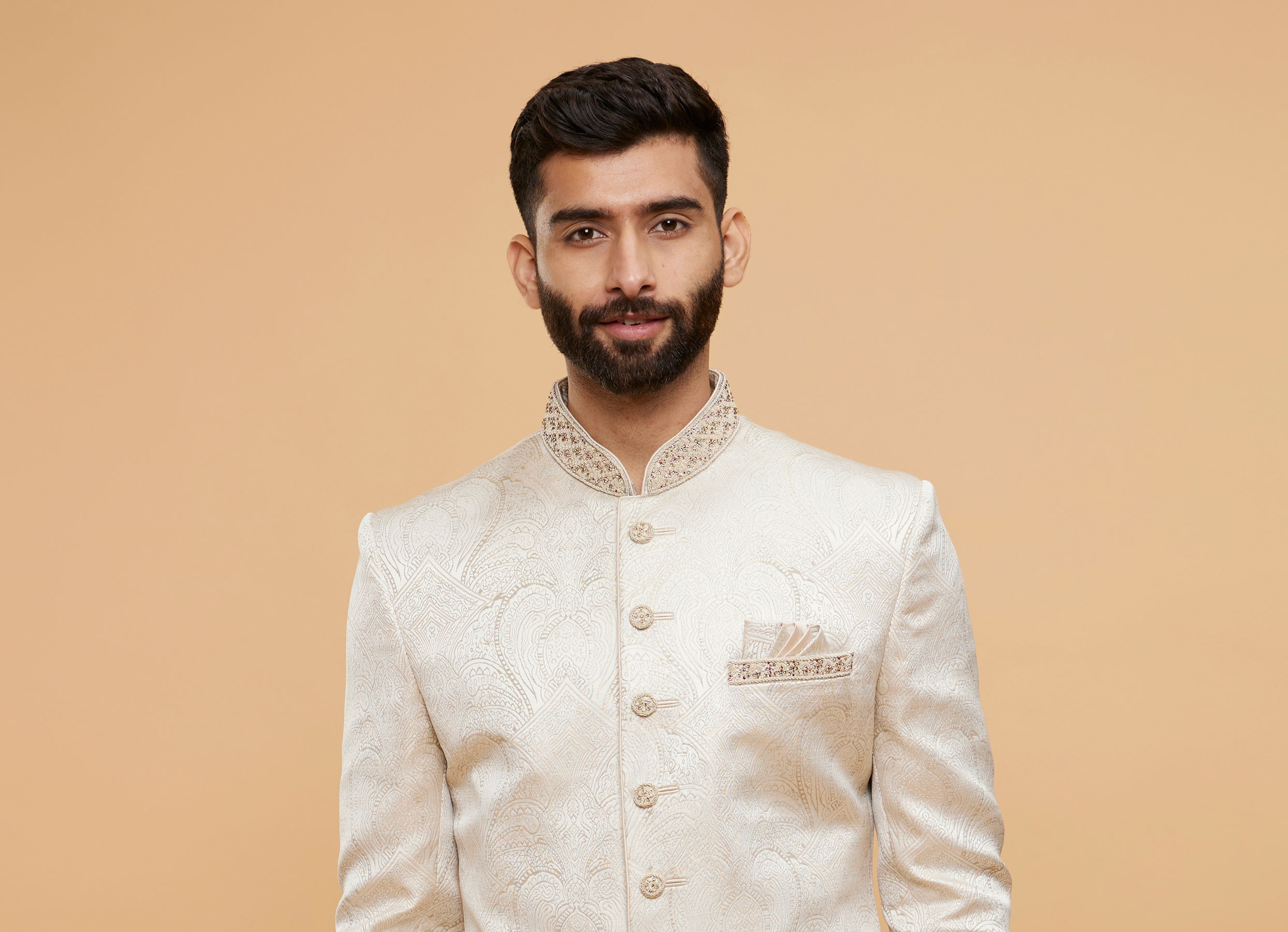 Twamev Men Cream Silk Jacquard Zari Embroidered Dhoti Sherwani