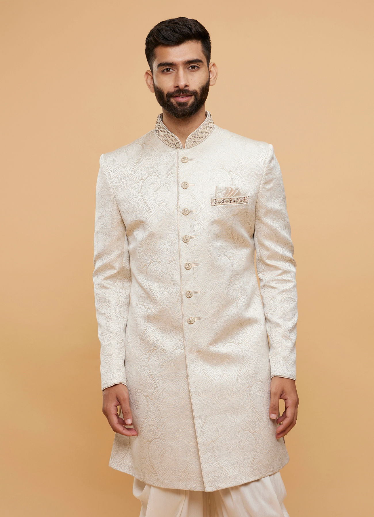 Twamev Men Cream Silk Jacquard Zari Embroidered Dhoti Sherwani