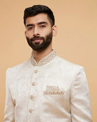 Twamev Men Cream Silk Jacquard Zari Embroidered Dhoti Sherwani