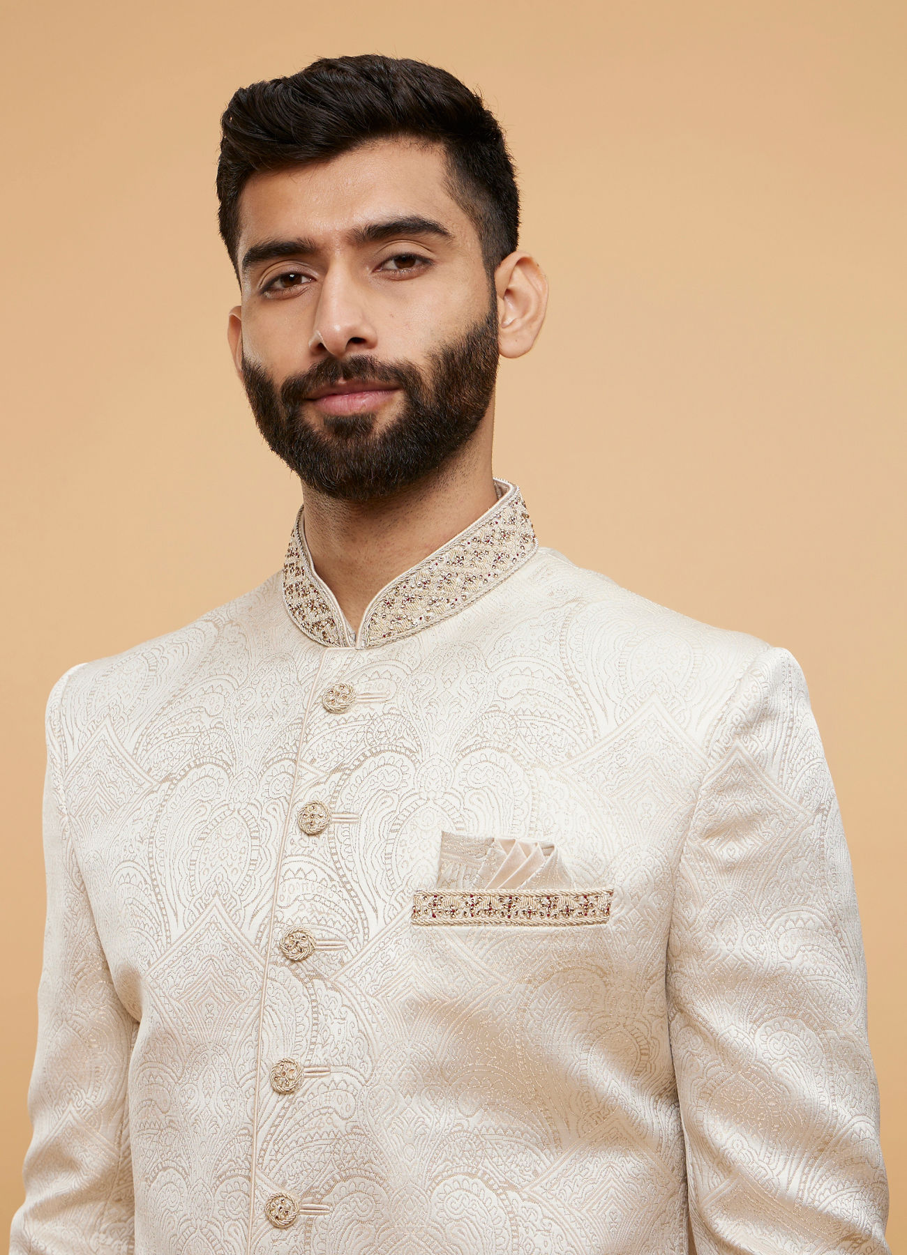 Twamev Men Cream Silk Jacquard Zari Embroidered Dhoti Sherwani