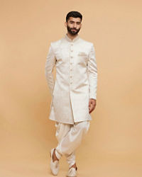 Twamev Men Cream Silk Jacquard Zari Embroidered Dhoti Sherwani