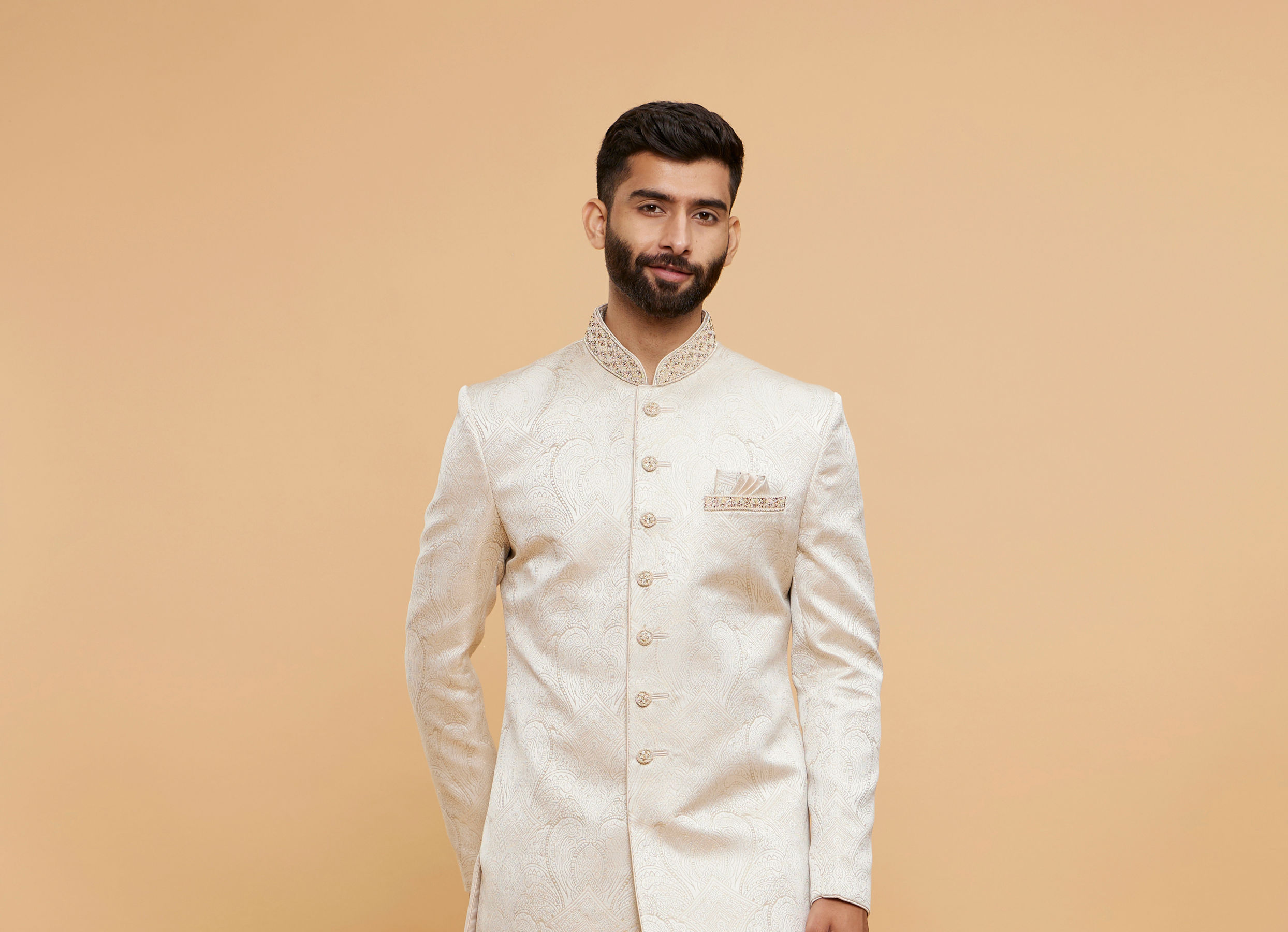 Twamev Men Cream Silk Jacquard Zari Embroidered Dhoti Sherwani