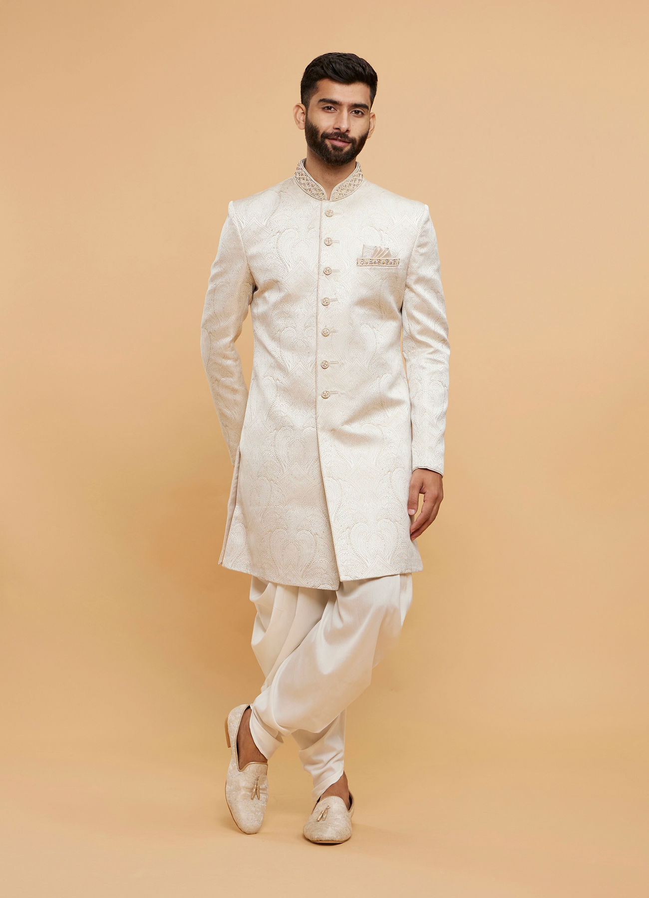Twamev Men Cream Silk Jacquard Zari Embroidered Dhoti Sherwani