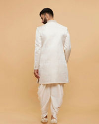 Twamev Men Cream Silk Jacquard Zari Embroidered Dhoti Sherwani