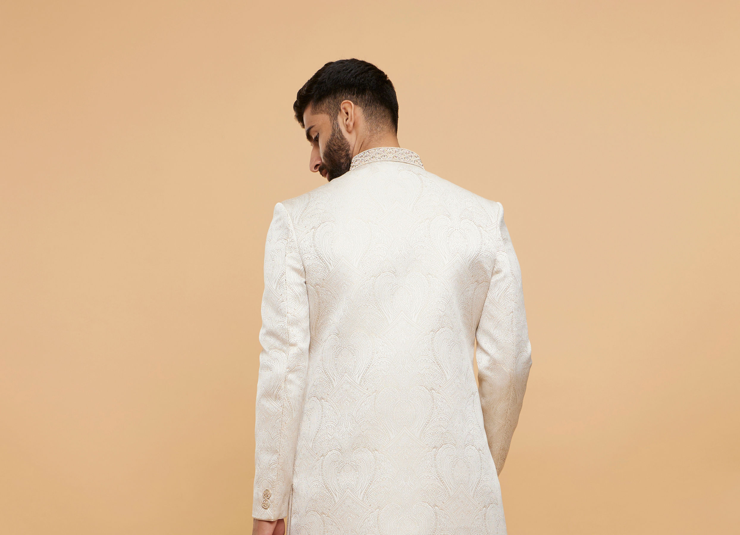 Twamev Men Cream Silk Jacquard Zari Embroidered Dhoti Sherwani