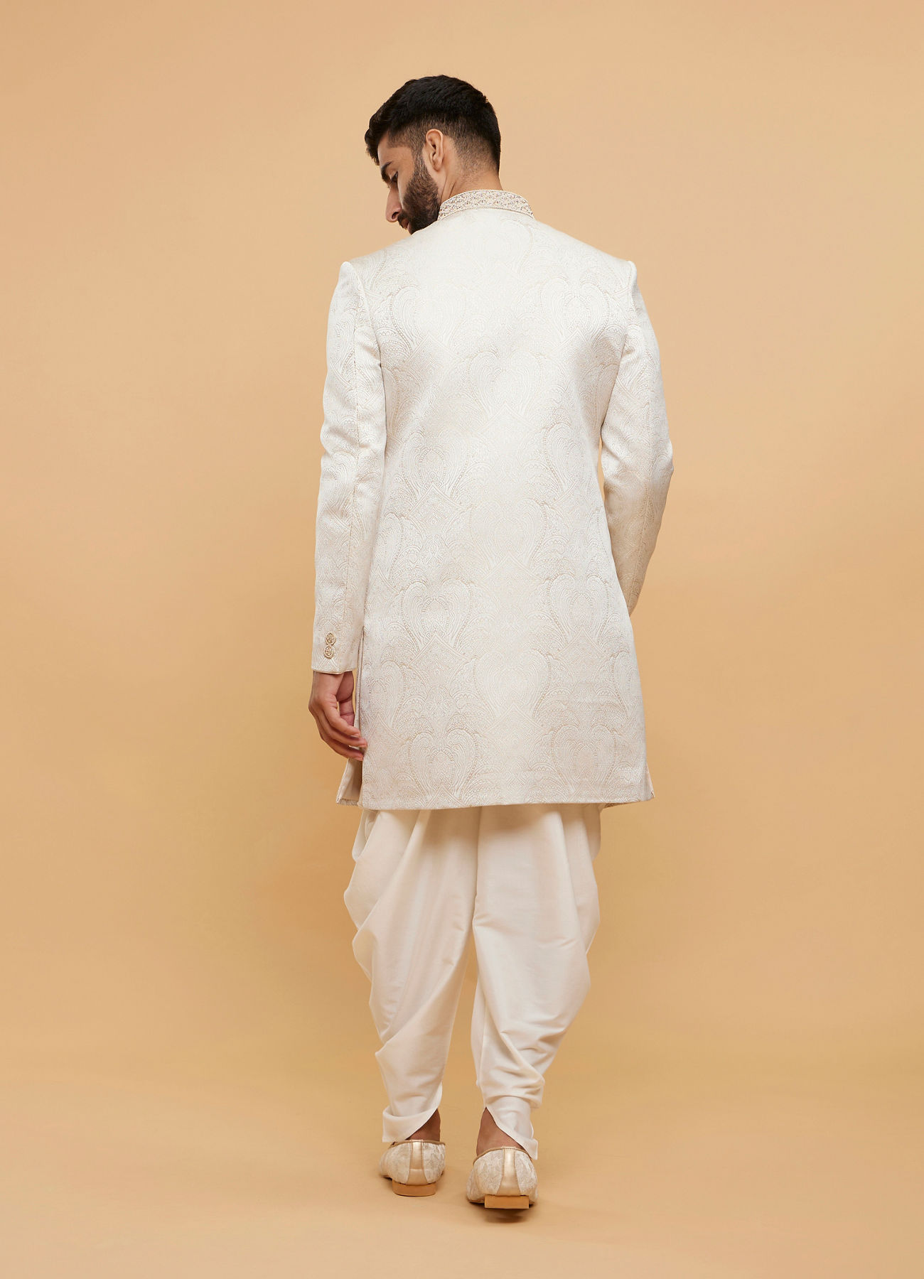 Twamev Men Cream Silk Jacquard Zari Embroidered Dhoti Sherwani