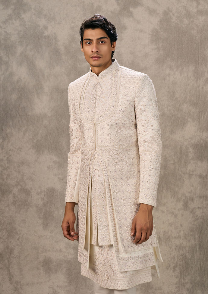Twamev Men Ivory Silk Resham Hand Embroidered Sherwani