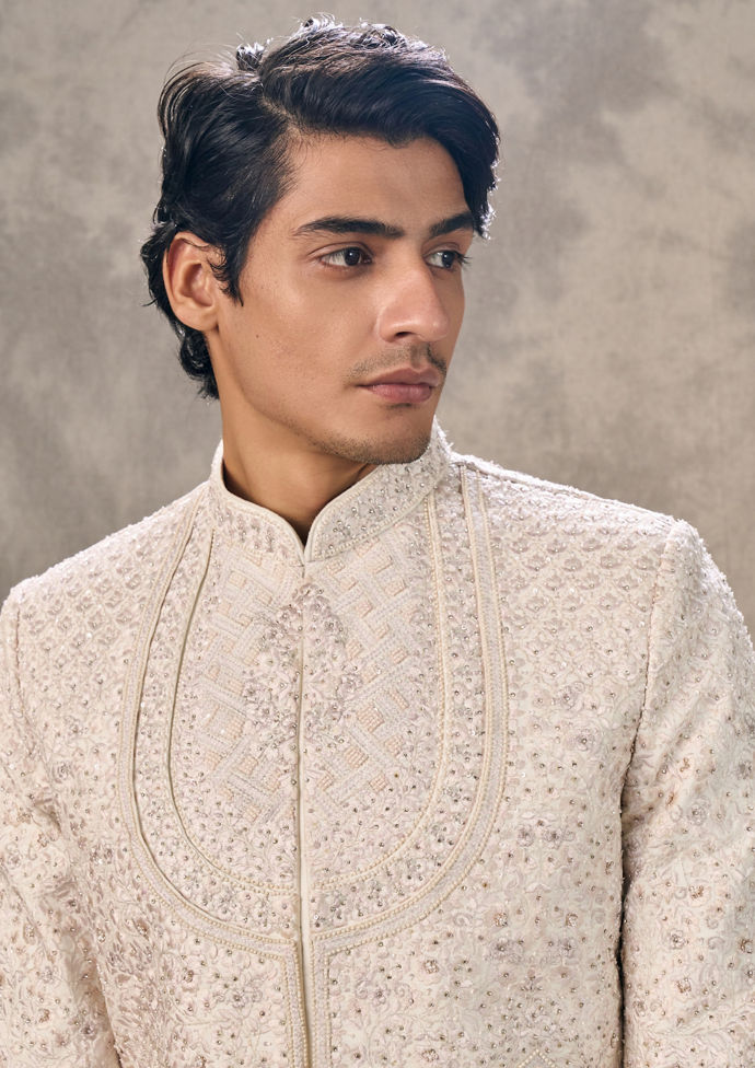 Twamev Men Ivory Silk Resham Hand Embroidered Sherwani