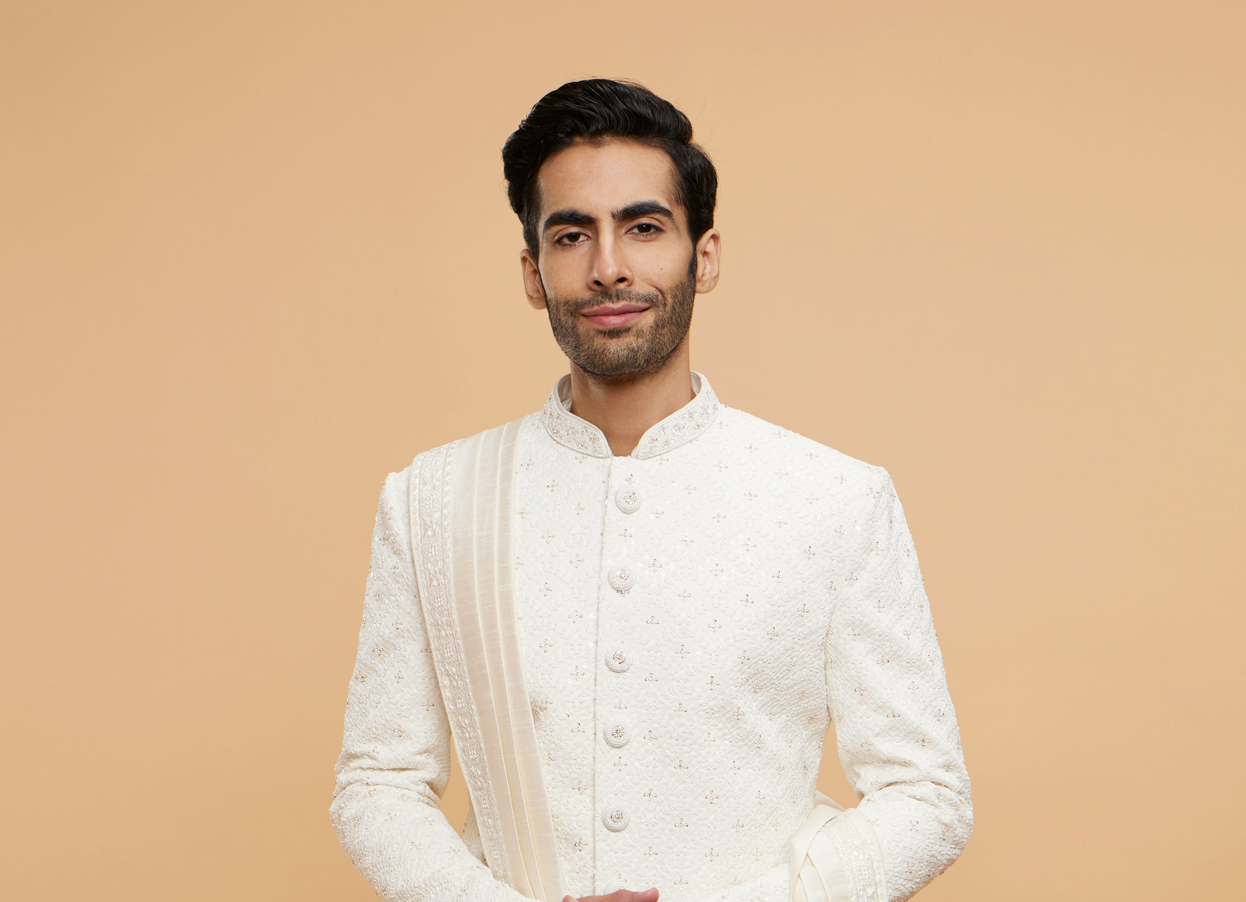 Twamev Men Ivory Silk Thread Embroidered Sherwani