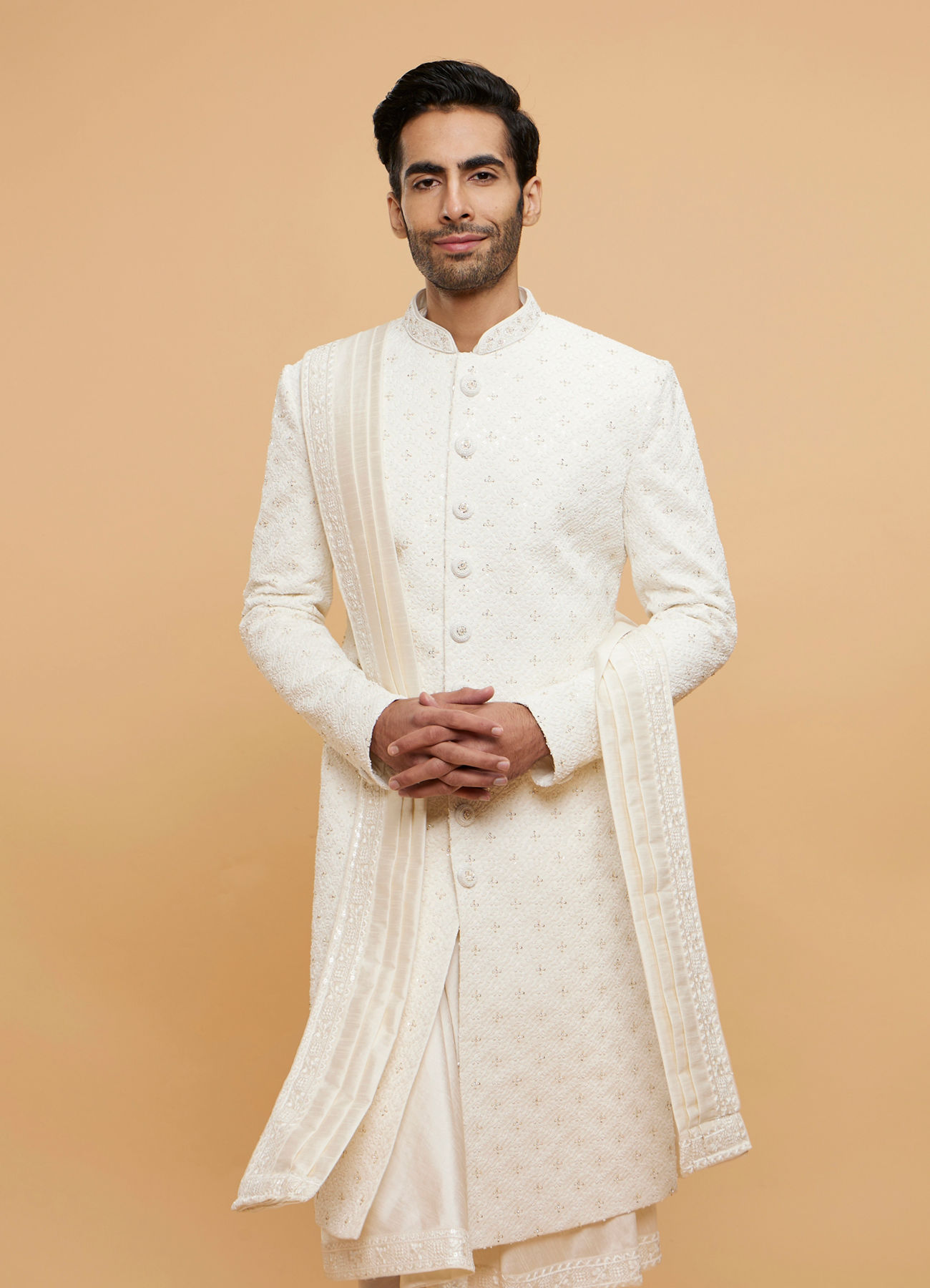 Twamev Men Ivory Silk Thread Embroidered Sherwani