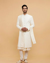 Twamev Men Ivory Silk Thread Embroidered Sherwani