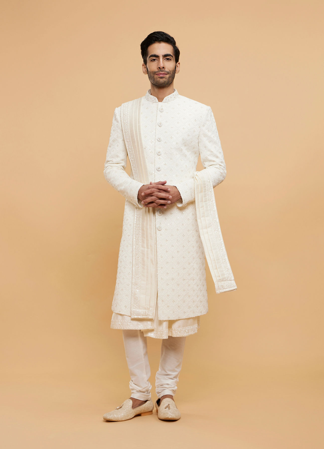 Twamev Men Ivory Silk Thread Embroidered Sherwani
