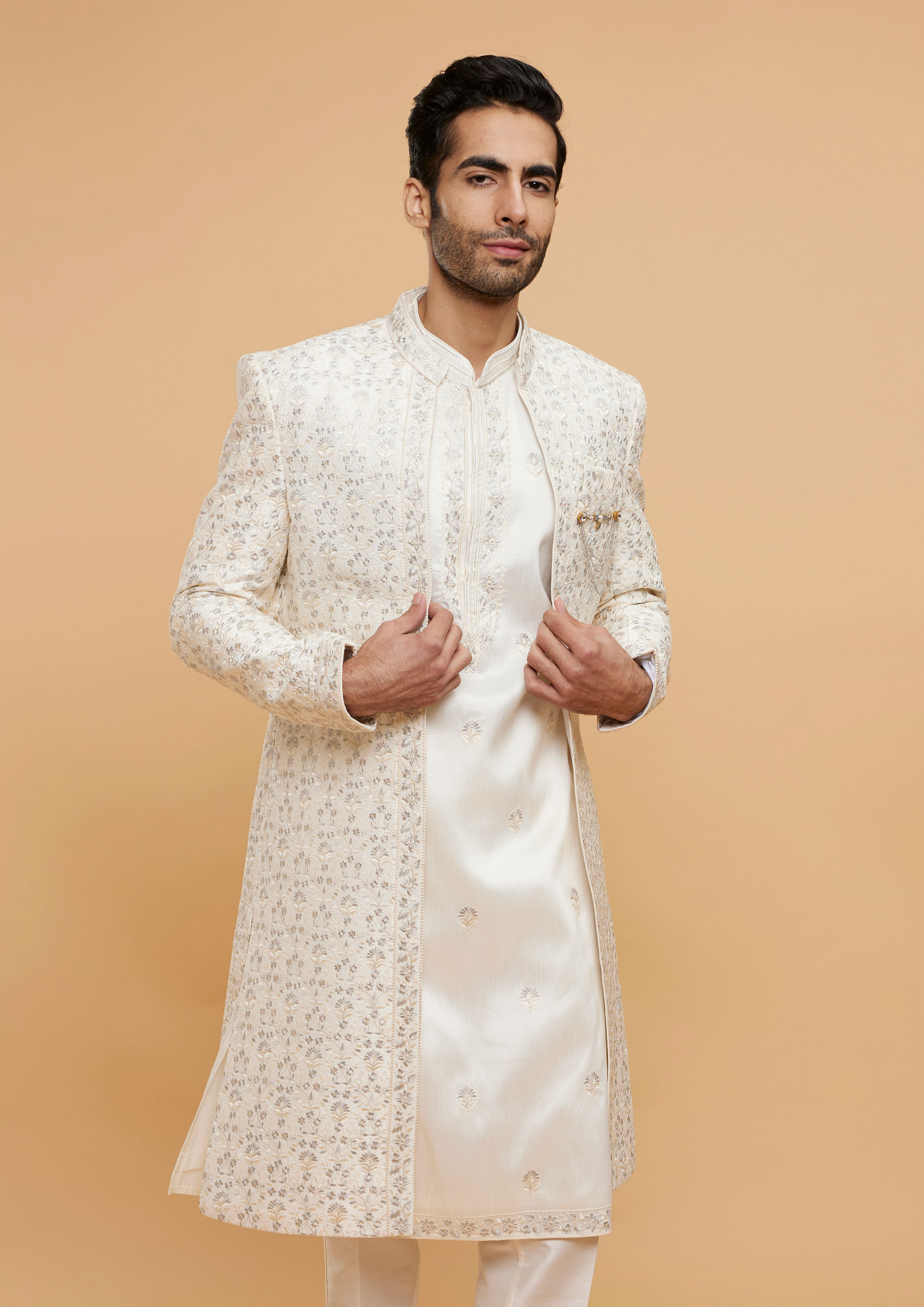 Twamev Men Warm White Bel Buti Embroidered Sherwani Set image number 0