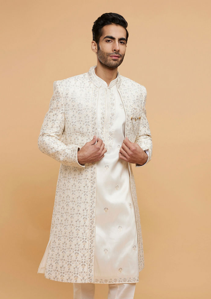 Twamev Men Warm White Bel Buti Embroidered Sherwani Set