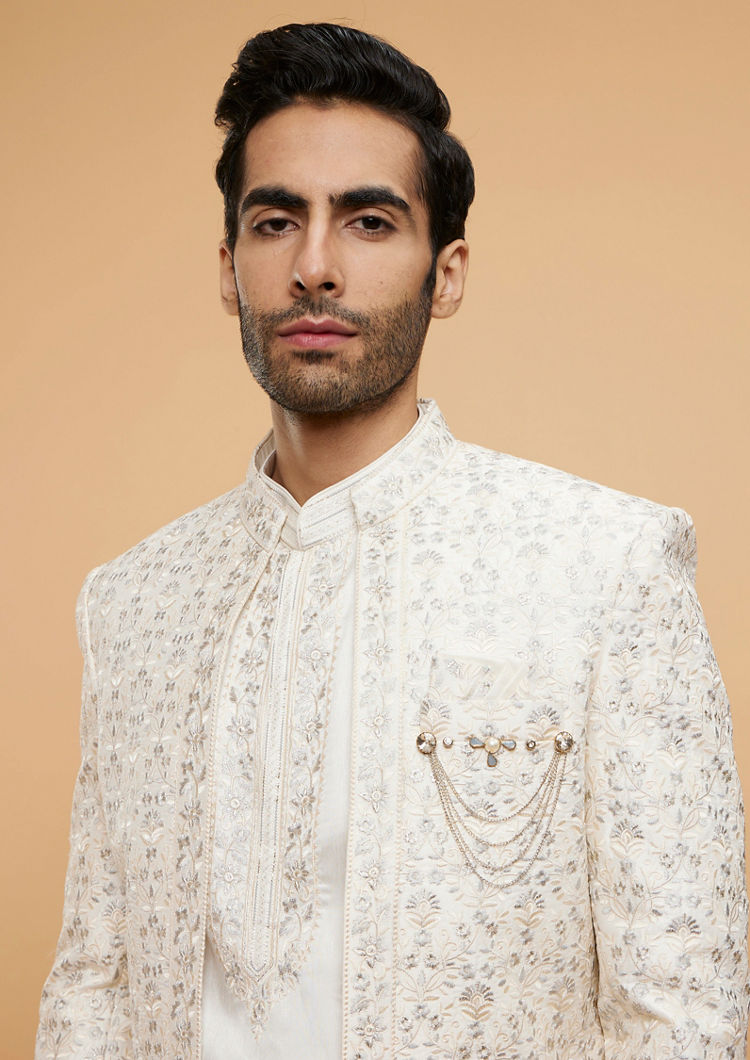 Twamev Men Warm White Bel Buti Embroidered Sherwani Set image number 1