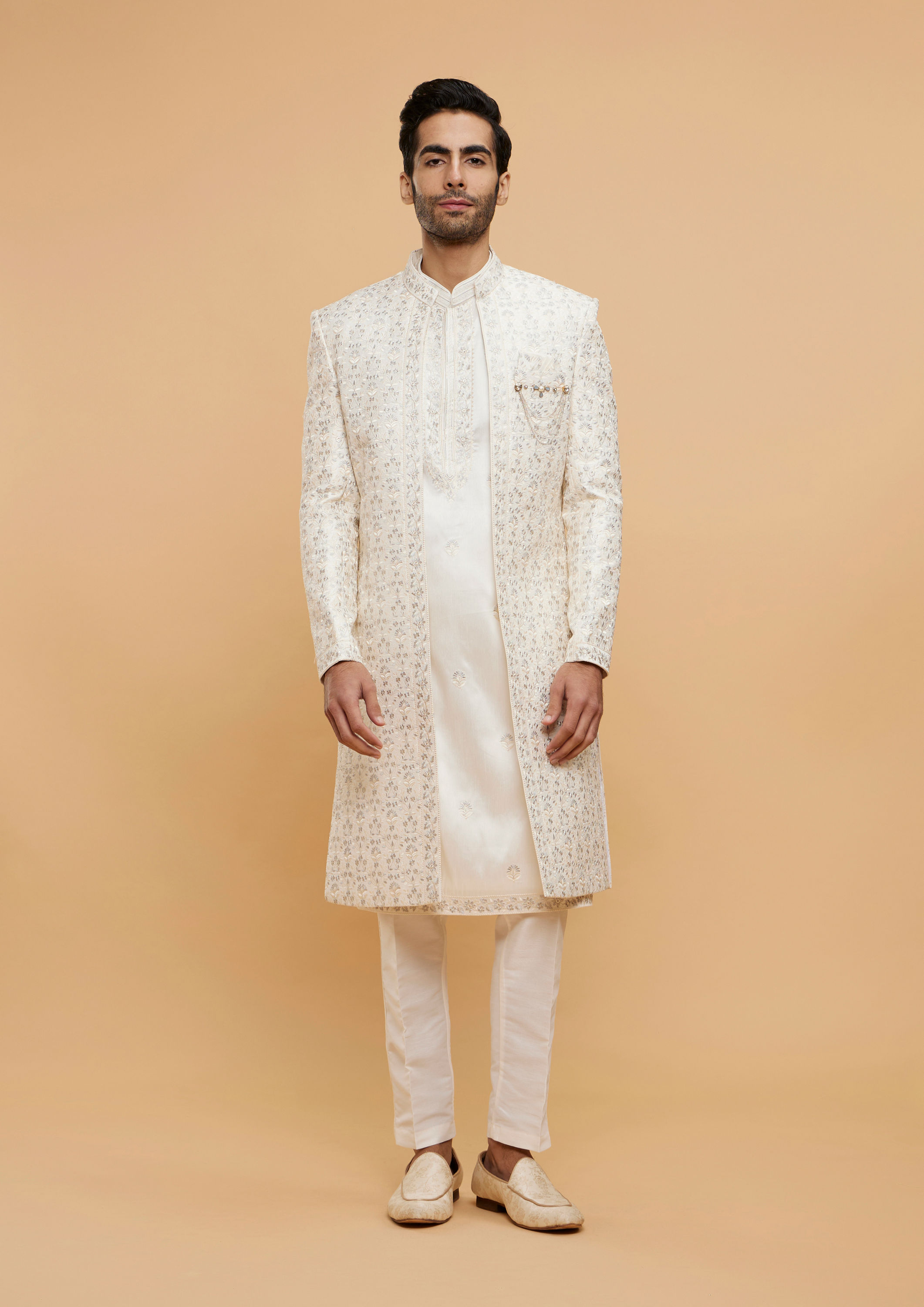 Twamev Men Warm White Bel Buti Embroidered Sherwani Set image number 3