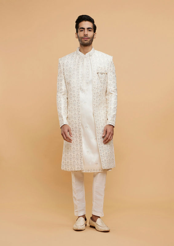 Twamev Men Warm White Bel Buti Embroidered Sherwani Set