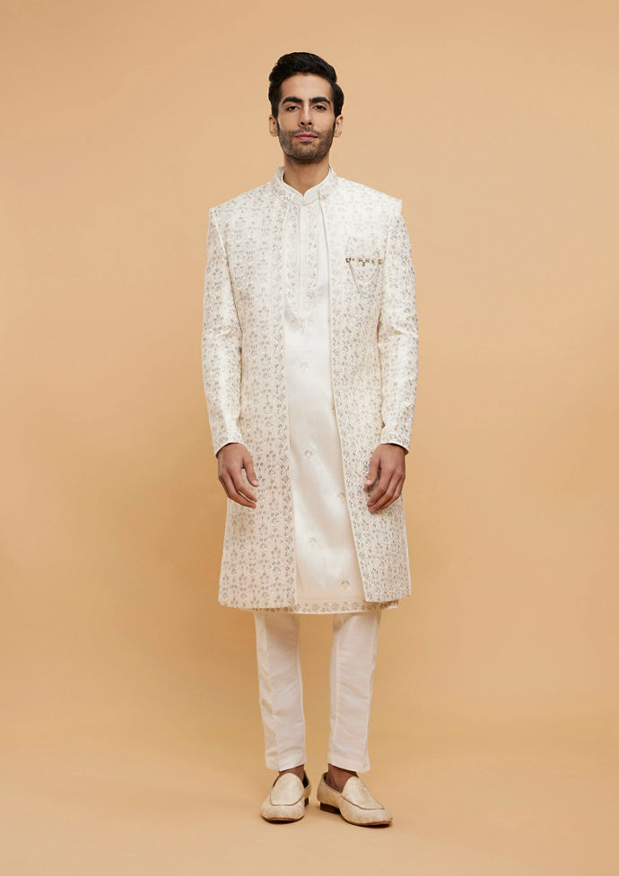 Twamev Men Warm White Bel Buti Embroidered Sherwani Set