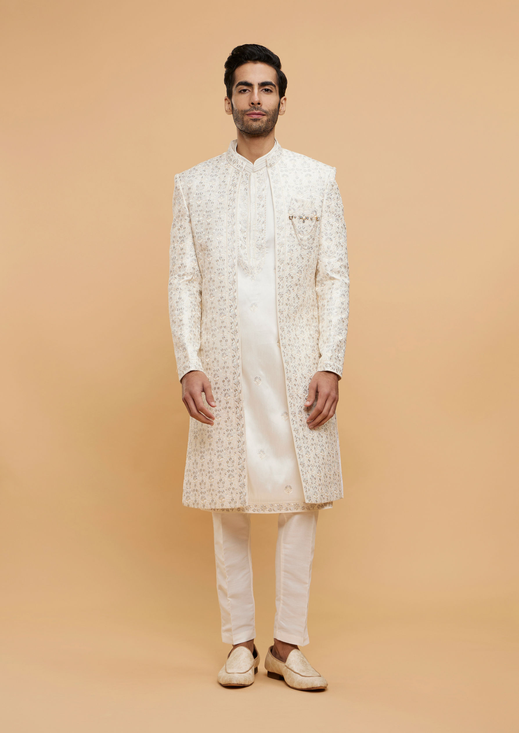 Twamev Men Warm White Bel Buti Embroidered Sherwani Set