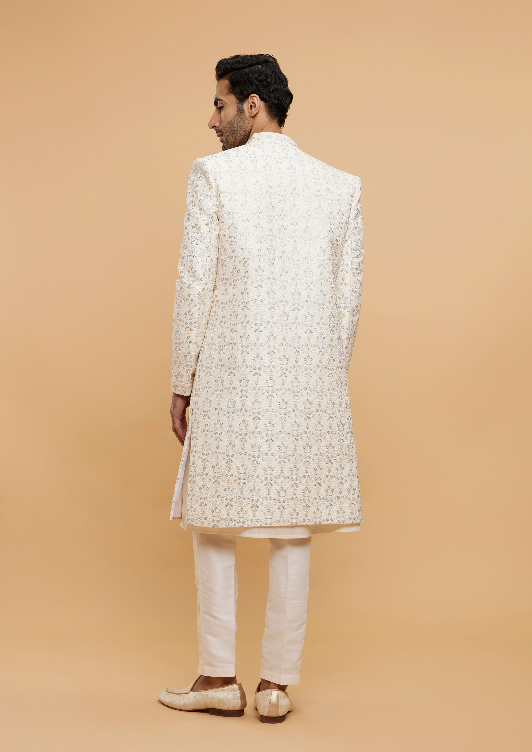 Twamev Men Warm White Bel Buti Embroidered Sherwani Set image number 4