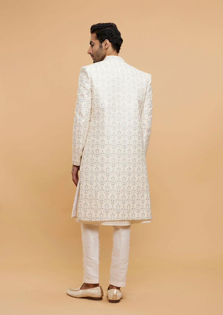 Twamev Men Warm White Bel Buti Embroidered Sherwani Set image number 4