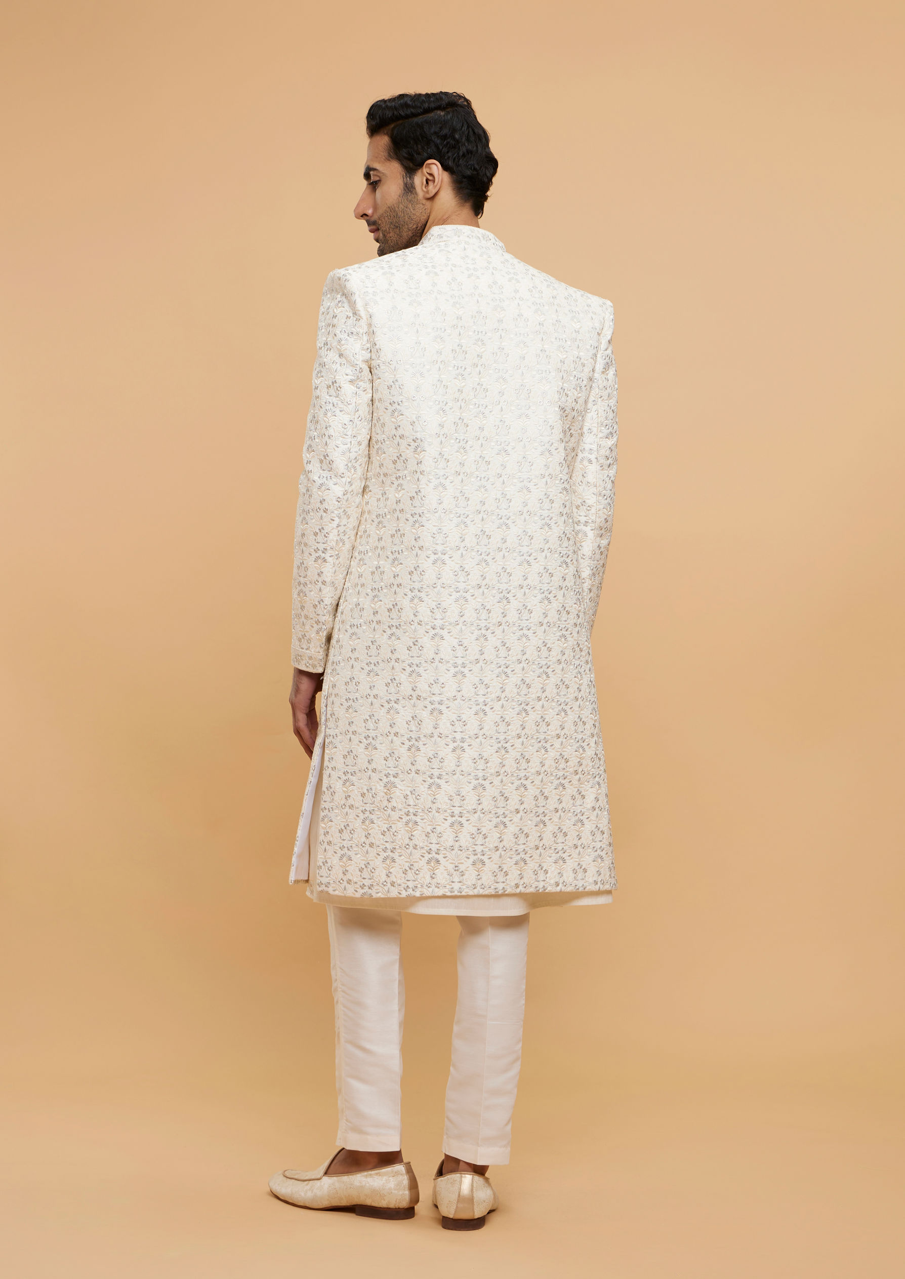 Twamev Men Warm White Bel Buti Embroidered Sherwani Set