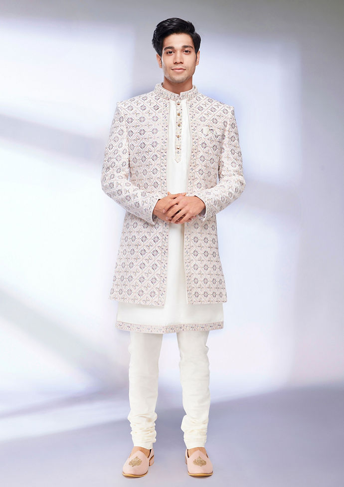 Twamev Men Cream Jaal Patterned Sherwani Set